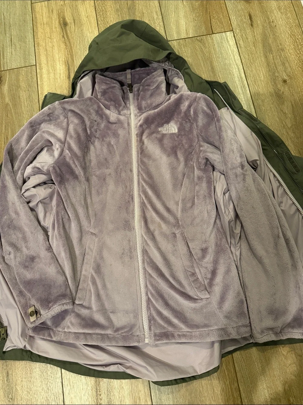 North Face Osolita Olive Green 3 in 1 Hooded Jacket with Lavender zip in Lining